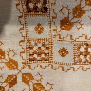 Gorgeous Vintage Embroidered Cross Stitch Cutwork Linen Tablecloth
